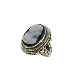 Drama Queen - Art Deco 14K White Gold Black & White Molded Glass Cameo, Natural Seed Pearl Filigree Ring (ADR251)