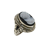 Drama Queen - Art Deco 14K White Gold Black & White Molded Glass Cameo, Natural Seed Pearl Filigree Ring (ADR251)