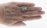 Drama Queen - Art Deco 14K White Gold Black & White Molded Glass Cameo, Natural Seed Pearl Filigree Ring (ADR251)