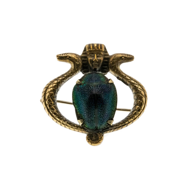 Egyptian Revival Victorian English Brass Genuine Iridescent Green Scarab Beetle Pharaoh Serpent Brooch VICBR033