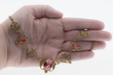 Pink Interlude - Art Deco Brass & Pink Foiled Paste Ornate Necklace (ADN077)