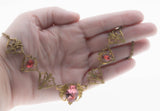 Pink Interlude - Art Deco Brass & Pink Foiled Paste Ornate Necklace (ADN077)
