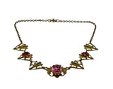 Pink Interlude - Art Deco Brass & Pink Foiled Paste Ornate Necklace (ADN077)
