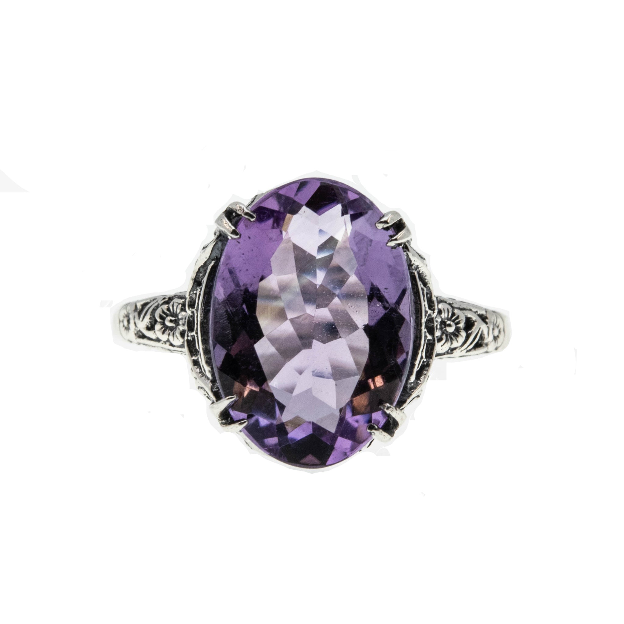 Lilacs & Lace - Estate Sterling Silver Natural Amethyst Floral Filigree Ring (ER247)