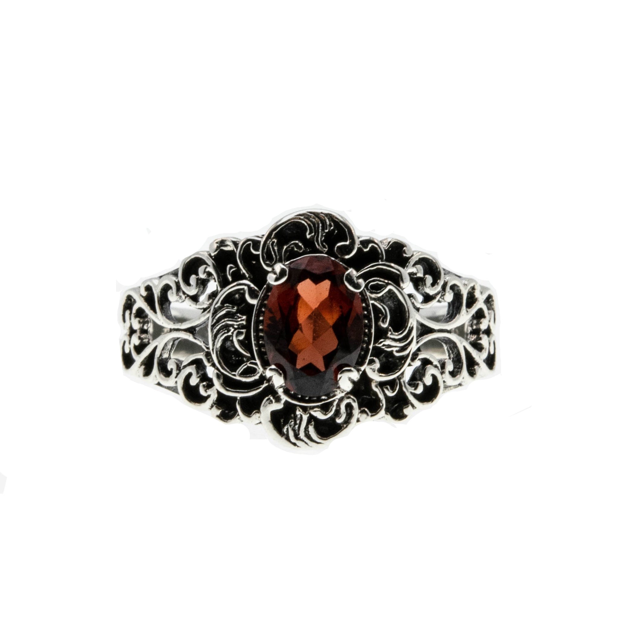 Ornate Scrolls - Estate Sterling Silver Natural Garnet Intricate Ring  (ER252)
