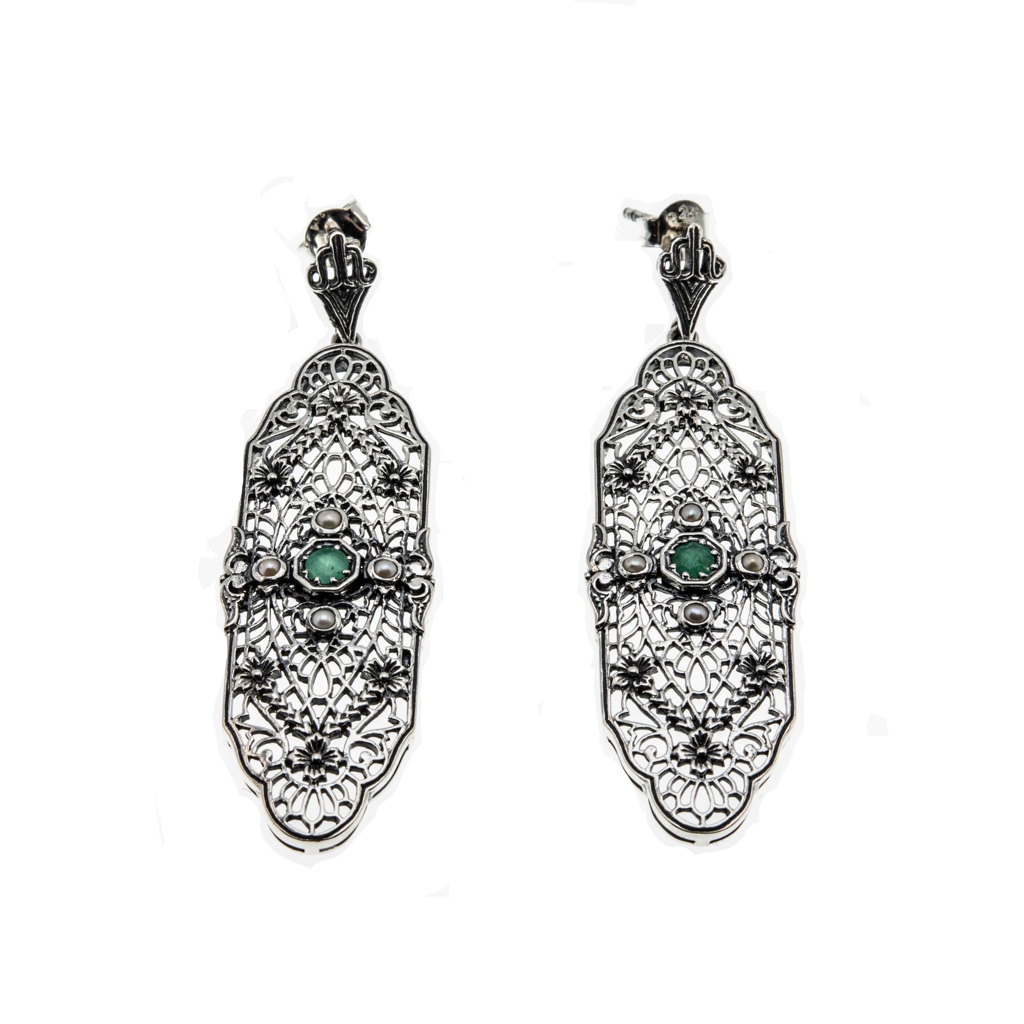 Flower Garden - Estate Sterling Silver Emerald & Pearl Filigree Dangly Earrings  (EE192)