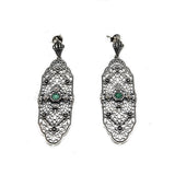 Flower Garden - Estate Sterling Silver Emerald & Pearl Filigree Dangly Earrings  (EE192)