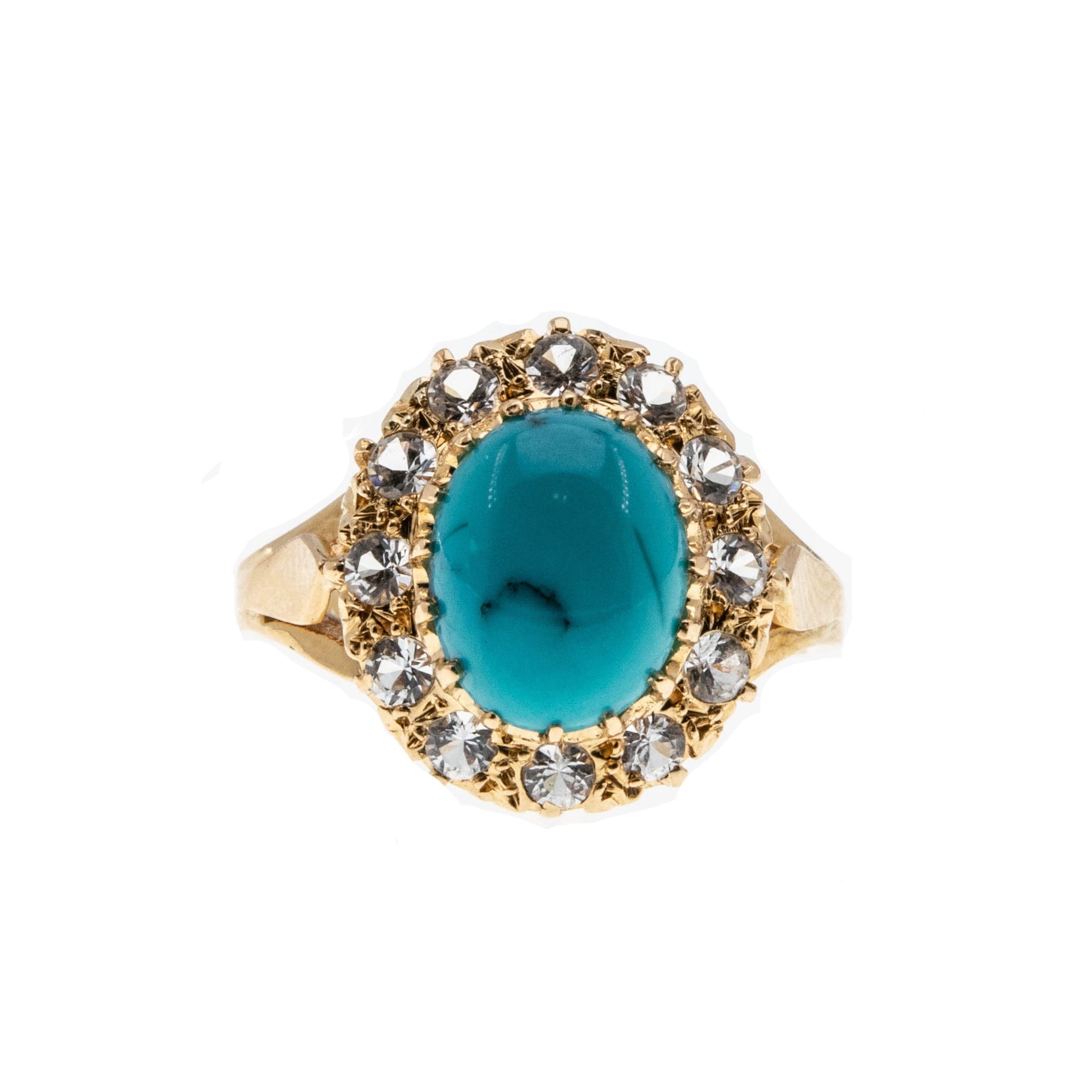Exotic Rarity - Vintage 18K Rose Gold Natural Persian Turquoise & Cubic Zirconia  Cluster Ring (VR786)