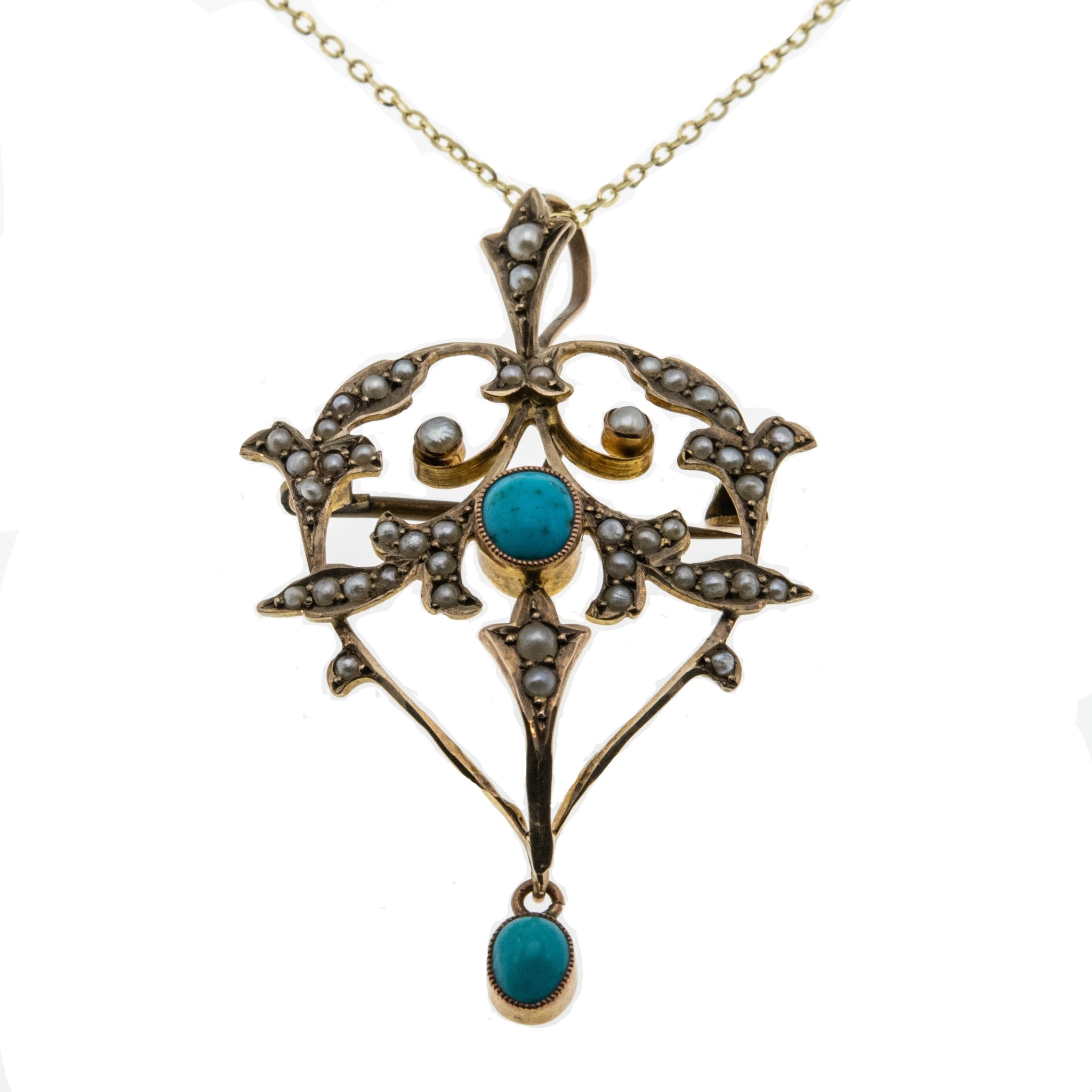 Seaside Days - Victorian 9K Gold Persian Turquoise & Natural Pearl Lavalier Brooch/Pendant (VICP102)