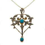 Seaside Days - Victorian 9K Gold Persian Turquoise & Natural Pearl Lavalier Brooch/Pendant (VICP102)