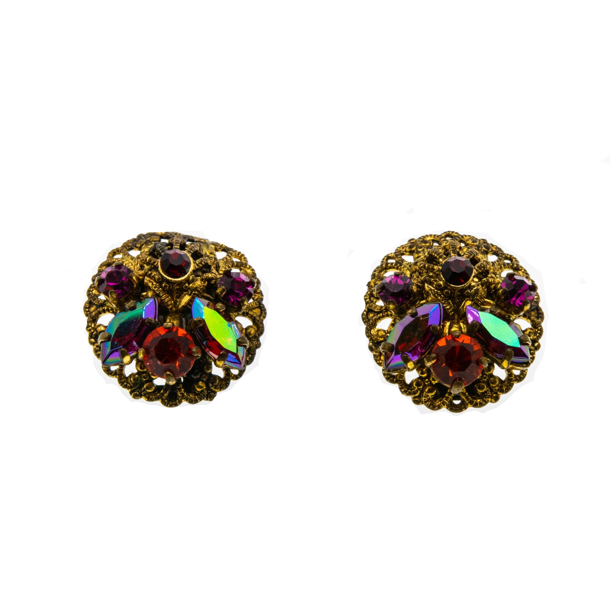 Delightful - Vintage Brass Crystal Rhinestone Filigree Clip-On Earrings (VE329)