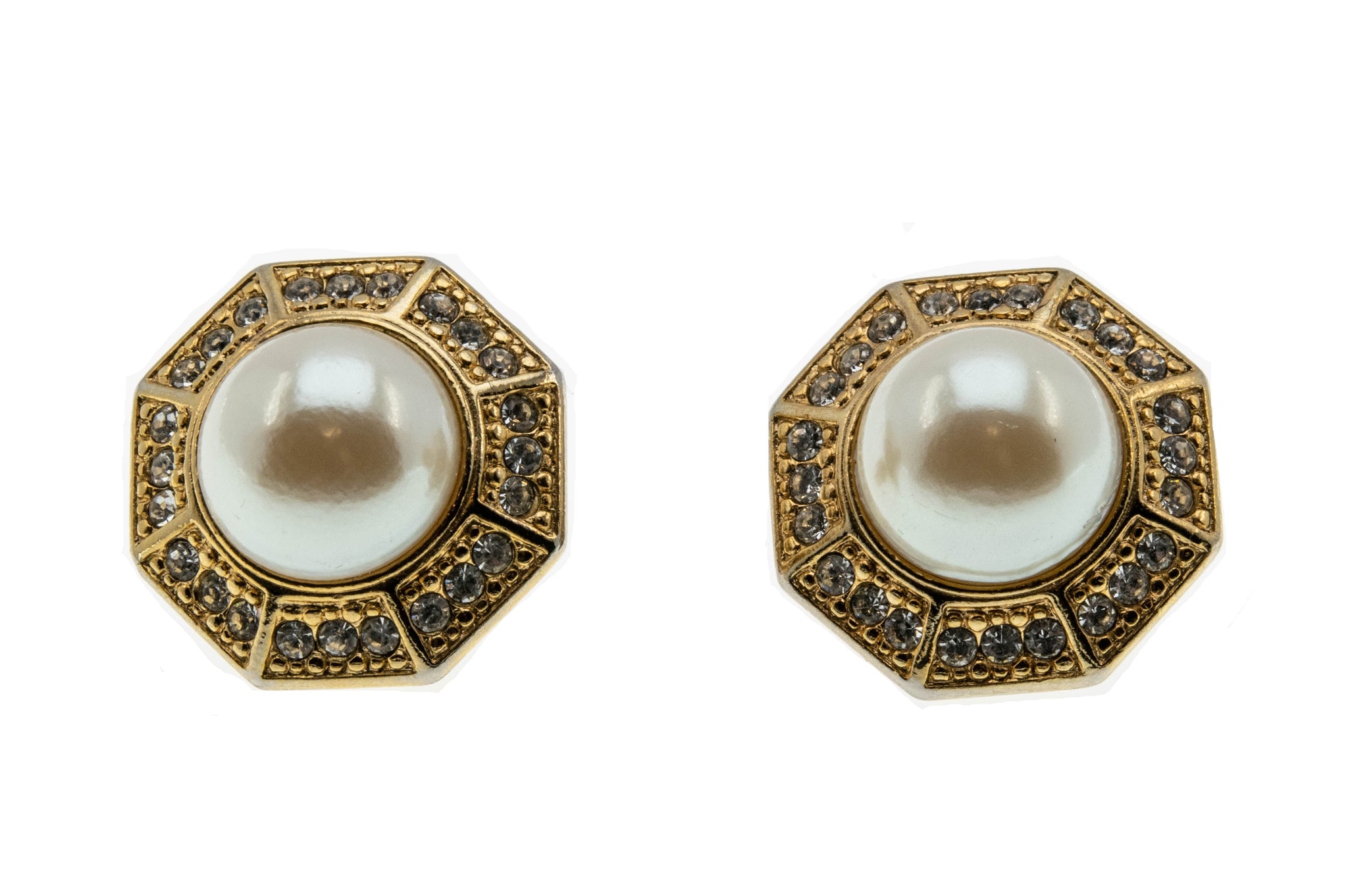 Richelieu Classics - Vintage Signed 'Richelieu' Gold Plated Faux Pearl & Crystal Rhinestone Clip - On Earrings (VE330)
