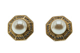 Richelieu Classics - Vintage Signed 'Richelieu' Gold Plated Faux Pearl & Crystal Rhinestone Clip - On Earrings (VE330)