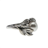 Snow Flower - Vintage Retro 14K White Gold Cultured Pearl & Diamond Ring  (VR675)