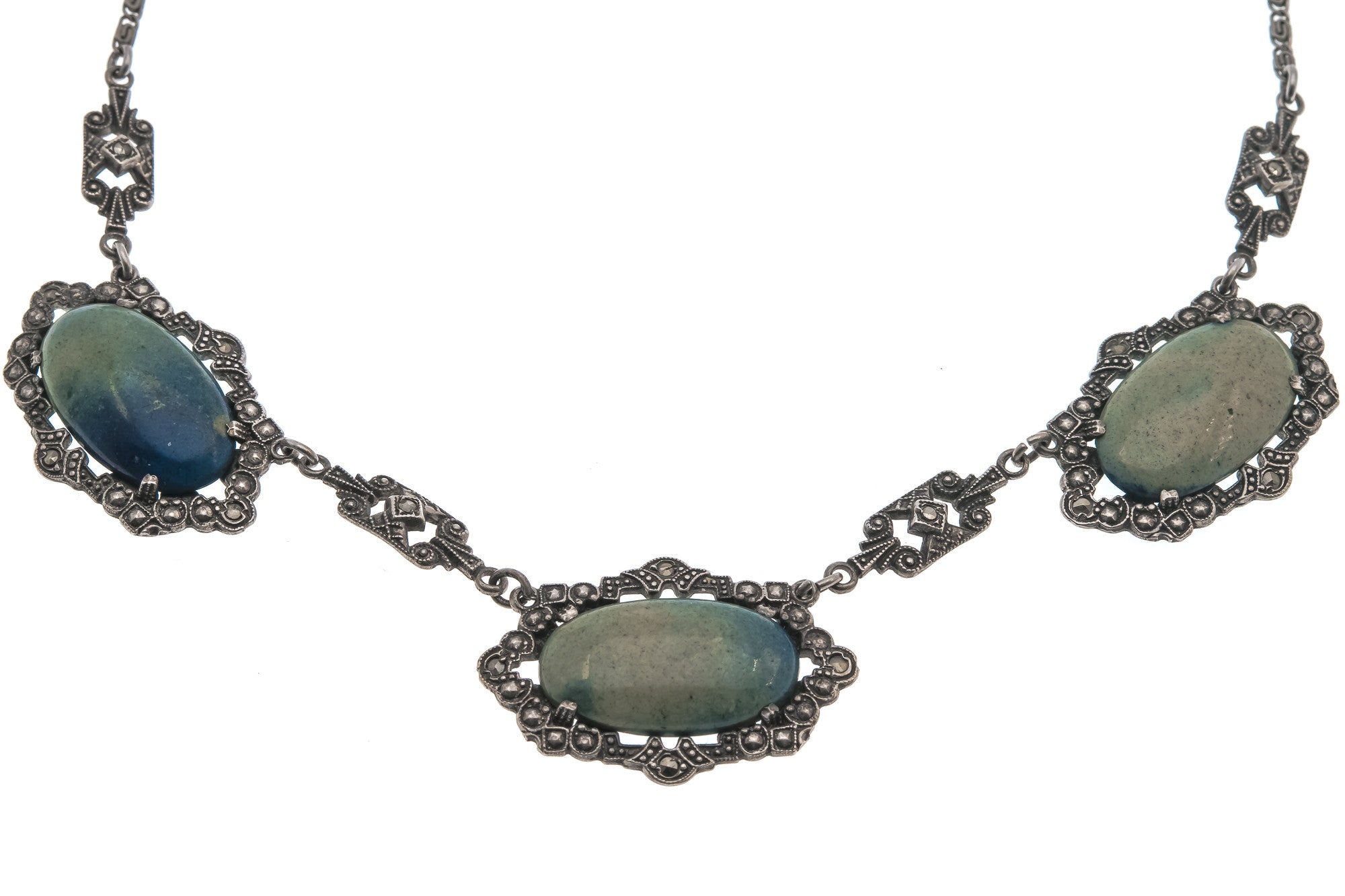 Art Deco Sterling Sliver Lapis Lazuli & Marcasite Necklace (ADN017)