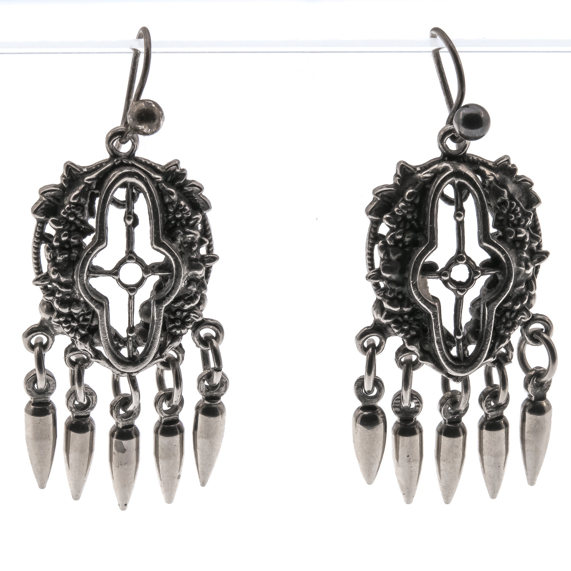 Olé - Victorian Spanish 19th Century Silvered Ornate Dangly Earrings (VICE008)