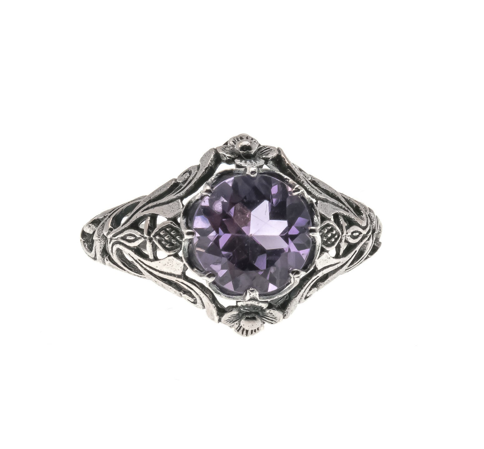 Scottish Thistle - Estate Sterling Silver Natural Amethyst Ornate Ring (ER192)