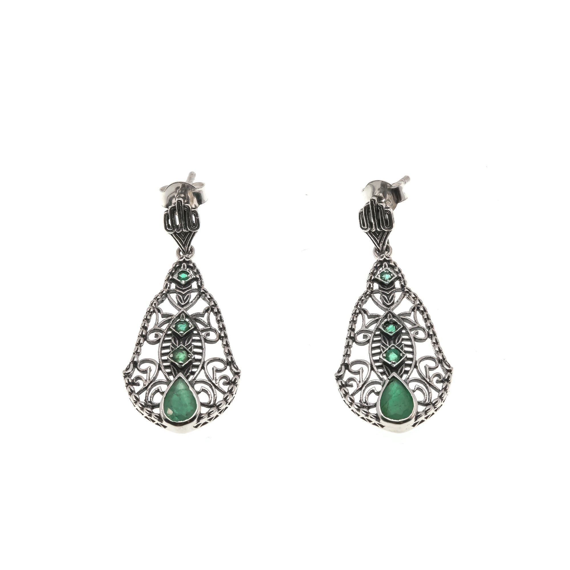Green With Envy - Estate Sterling Silver Emerald Filigree Earrings (EE141)