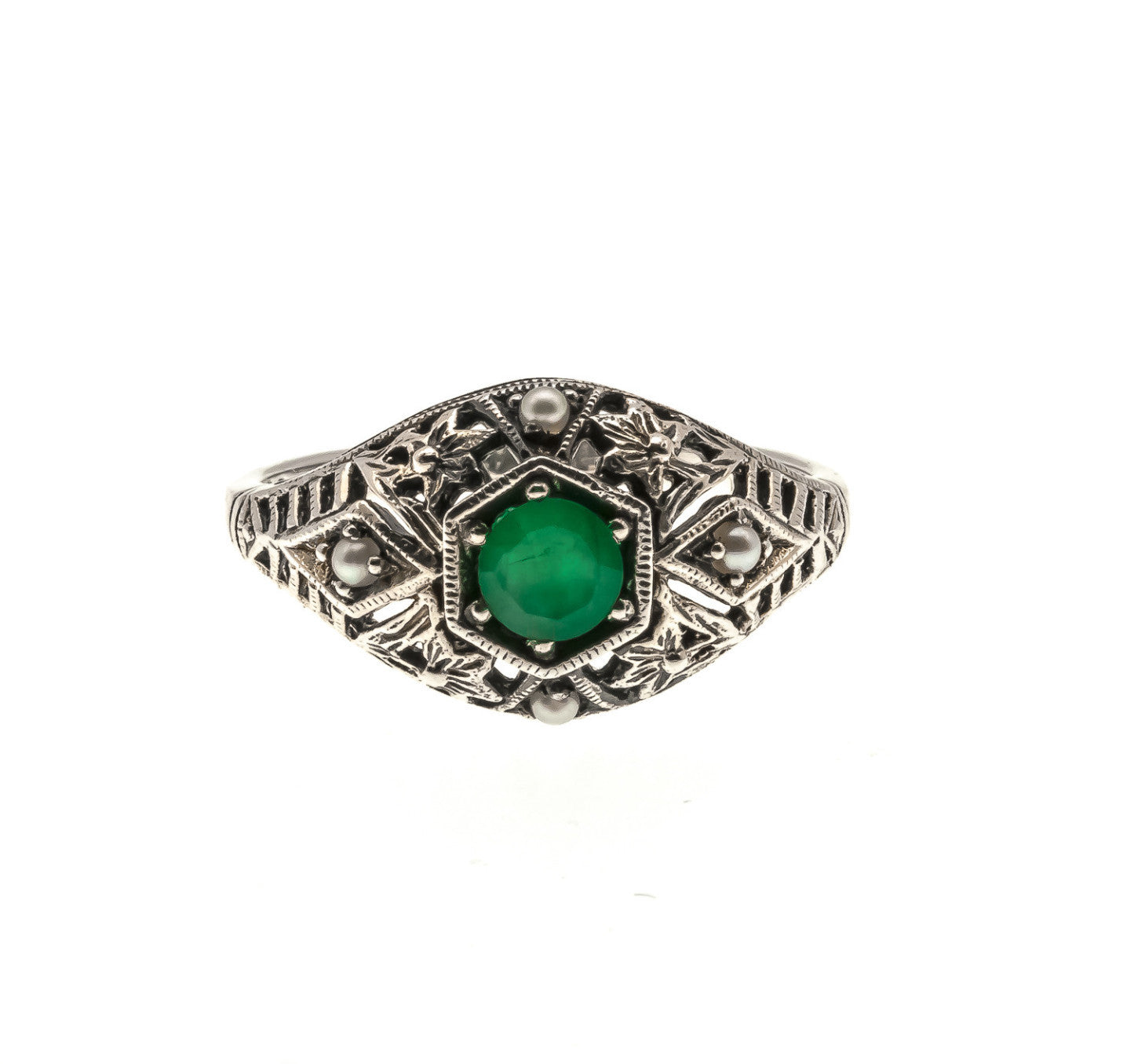 Evergreen - Estate Sterling Silver Emerald & Seed Pearl Filigree Ring (ER058)