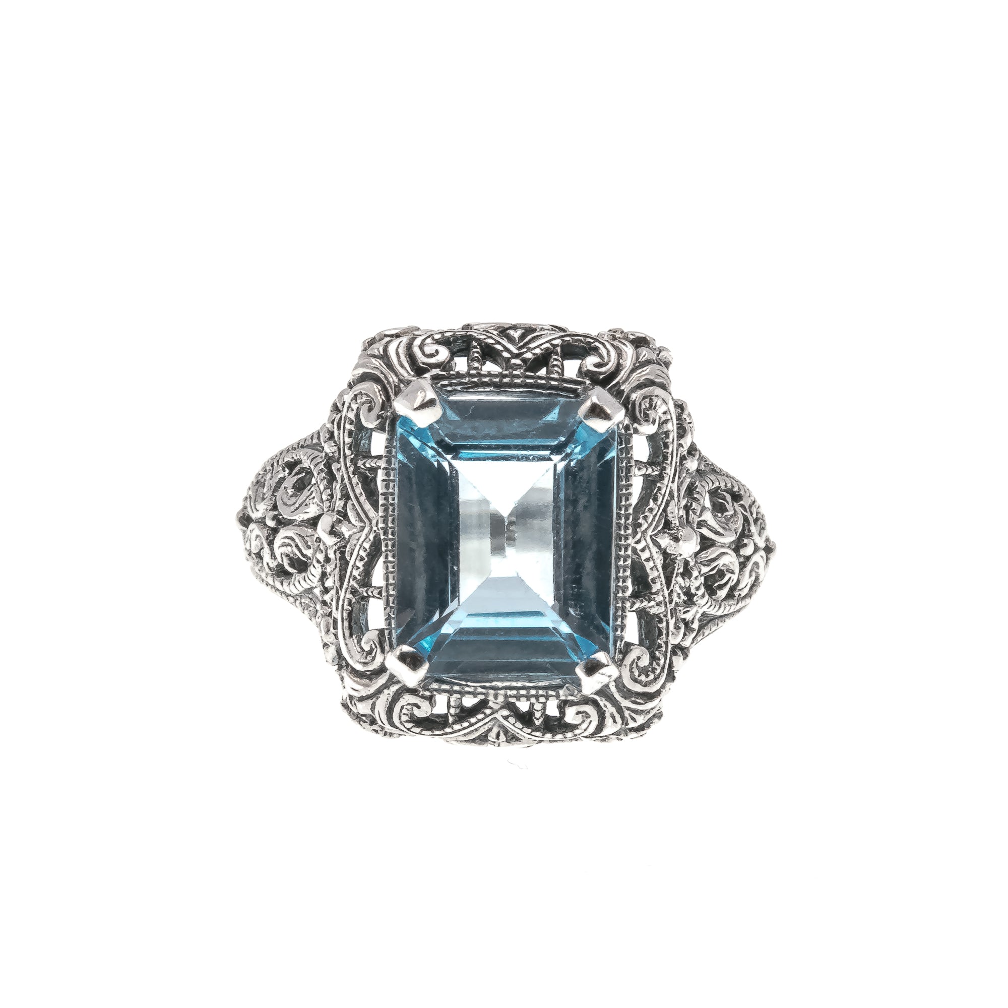 Tranquil Blue - Estate Sterling Silver Blue Natural Topaz Filigree Ring  (ER106)