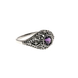 Purple Moon Over The Sea - Estate Sterling Silver Natural Amethyst & Seed  Pearl Filigree Ring  (ER061)