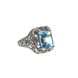 Tranquil Blue - Estate Sterling Silver Blue Natural Topaz Filigree Ring  (ER106)