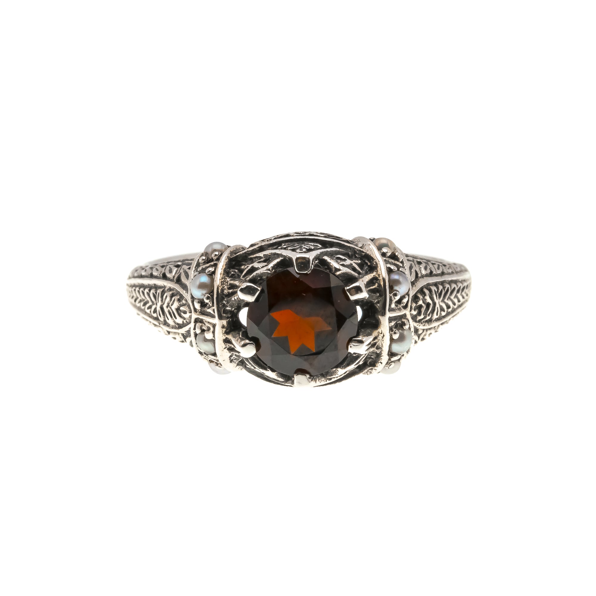 Red Sea Jewel - Estate Sterling Silver Natural Garnet & Seed Pearl Ring  (ER124)