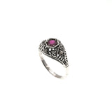 Mon Chéri - Estate Sterling Silver Natural Ruby & Seed Pearl Filigree Ring  (ER060)
