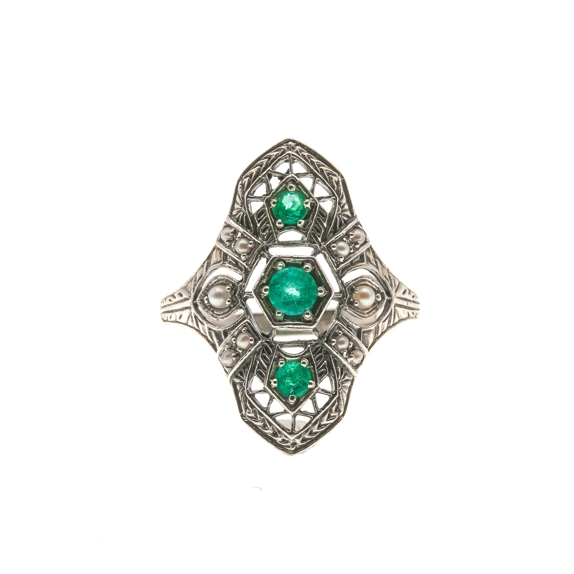Green With Envy - Estate Sterling Silver Natural Emerald & Seed Pearl Filigree Ring (ER063)