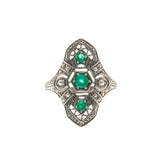 Green With Envy - Estate Sterling Silver Natural Emerald & Seed Pearl Filigree Ring (ER063)