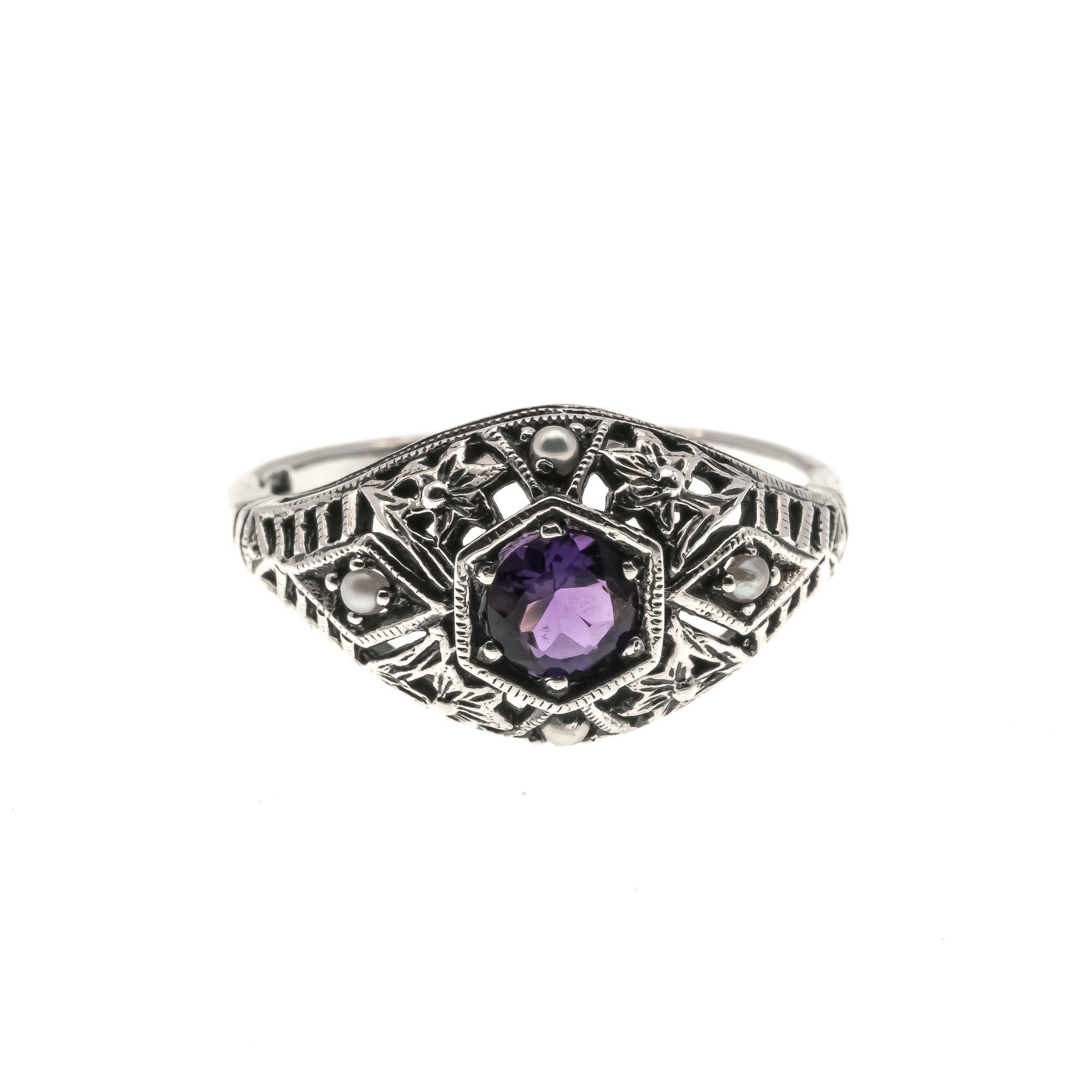 Purple Moon Over The Sea - Estate Sterling Silver Natural Amethyst & Seed  Pearl Filigree Ring  (ER061)