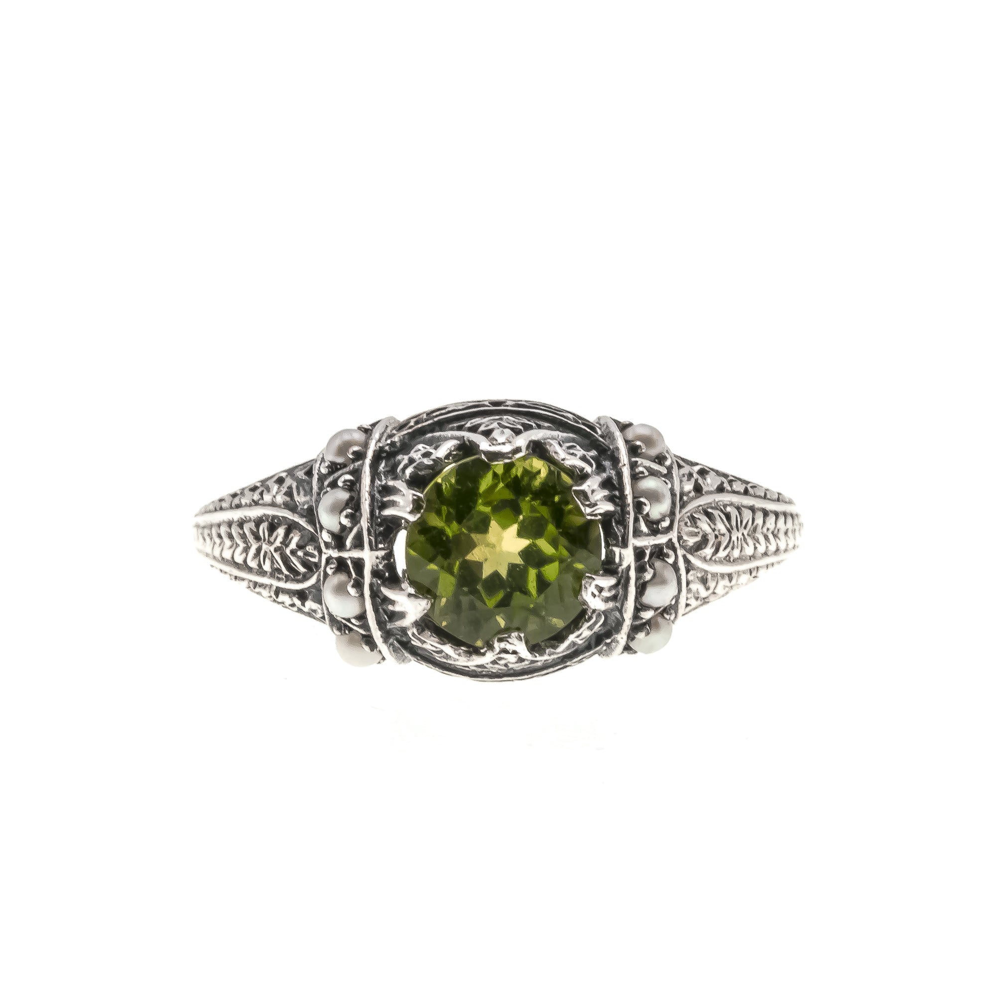 Jewel Of The Amazon - Estate Sterling Silver Natural Peridot & Seed Pearl Ring   (ER159)