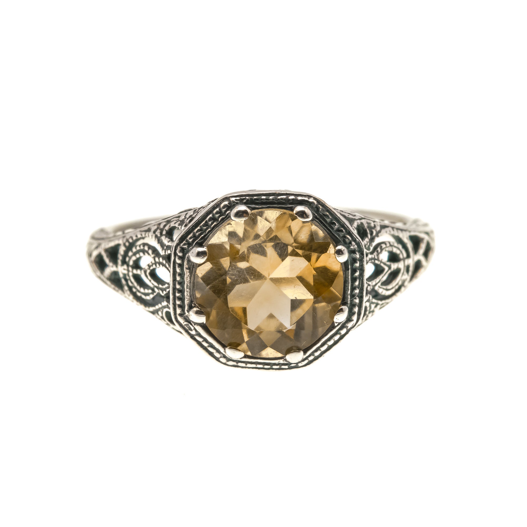 Candlelight - Estate Sterling Silver Natural Citrine Filigree Ring  (ER079)