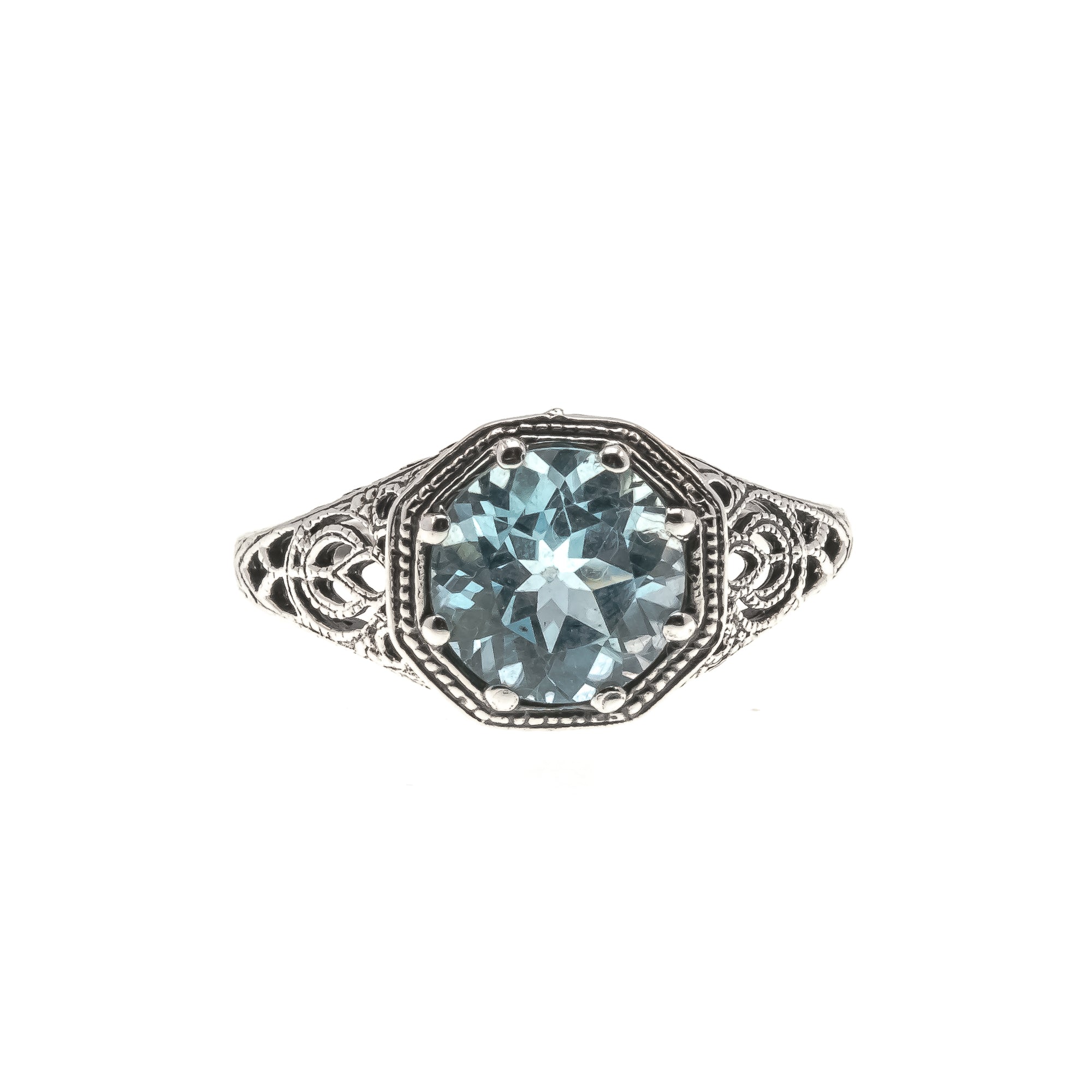 Blue Sky - Estate Sterling Silver Natural Blue Topaz Filigree Ring (ER105)