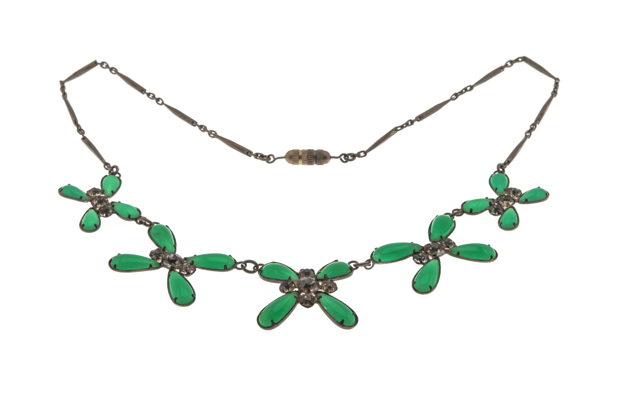 Garden Stroll - Edwardian Brass Chrysoprase & Paste Necklace (EDN020)