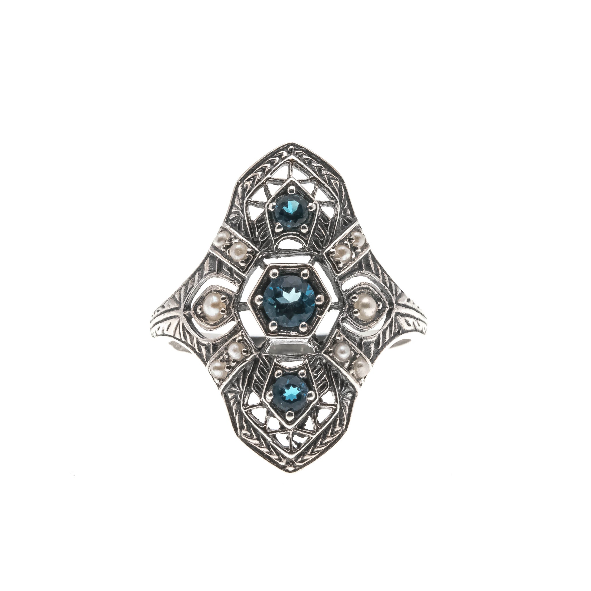 Blue Intricacy - Estate Sterling Silver Natural London Blue Topaz & Seed Pearl Filigree Ring (ER177)
