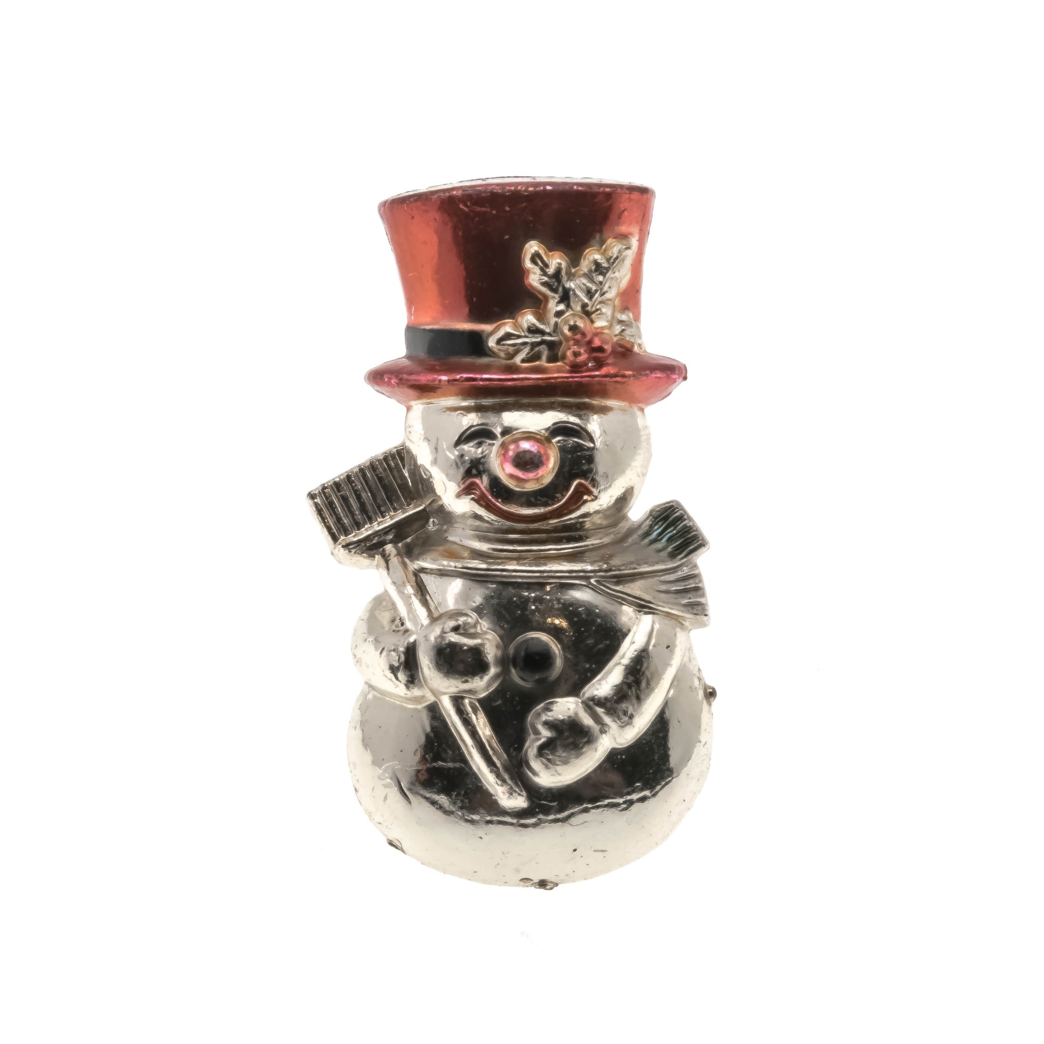 Let It Snow - Vintage Retro Silver & Plastic Hong Kong Snowman Brooch (VBR022)