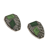 Pierre Bex - Vintage Silver Tone Green Enamel & Rhinestone Crystal Earrings (VE292)