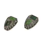 Pierre Bex - Vintage Silver Tone Green Enamel & Rhinestone Crystal Earrings (VE292)