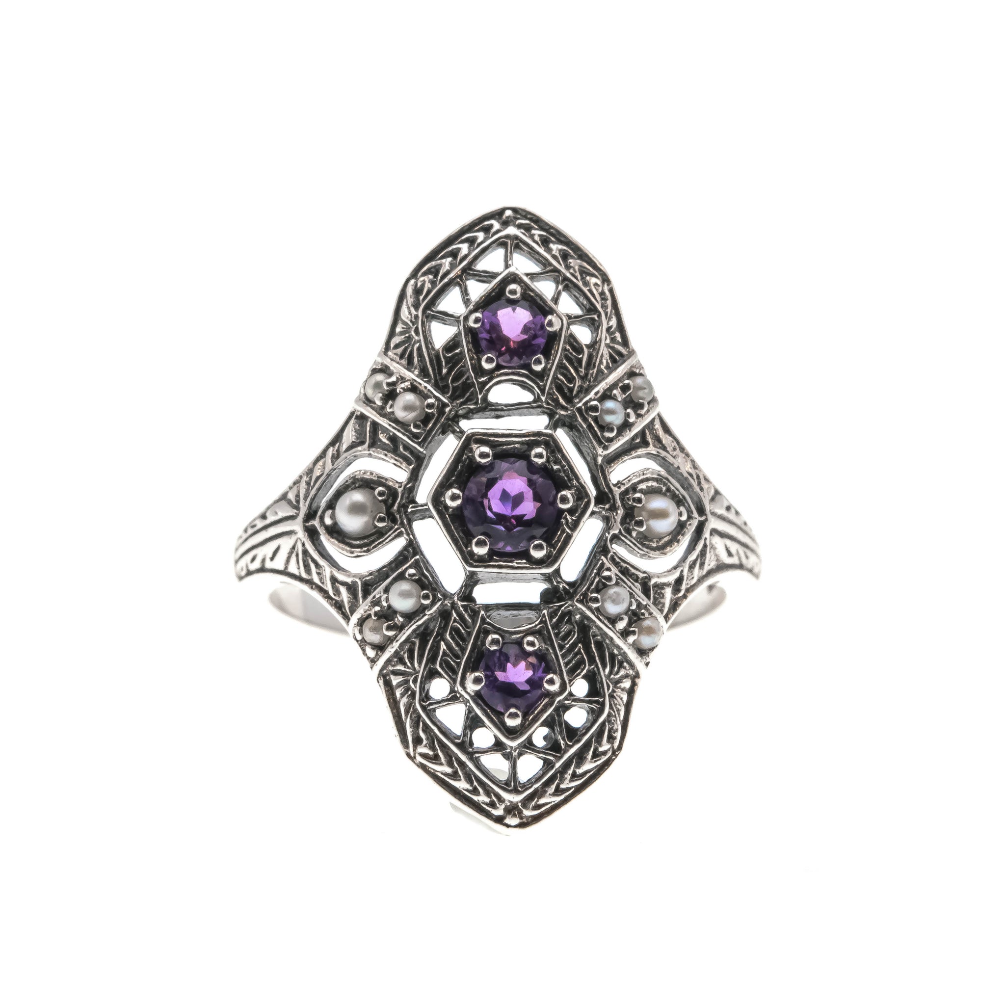 Purple Rain - Estate Sterling Silver Natural Amethyst & Seed Pearl Filigree Ring (ER209)