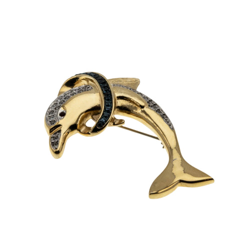 Playtime - Vintage Signed 'BUTLER' Gold Plated Austrian Swarovski Crystal Rhinestone Dolphin Brooch (VBR263)