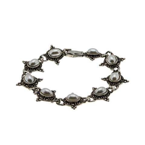 Victorian Gothic Revival - Vintage Silver Tone Simulated Pearl Ornate Bracelet (VB114)