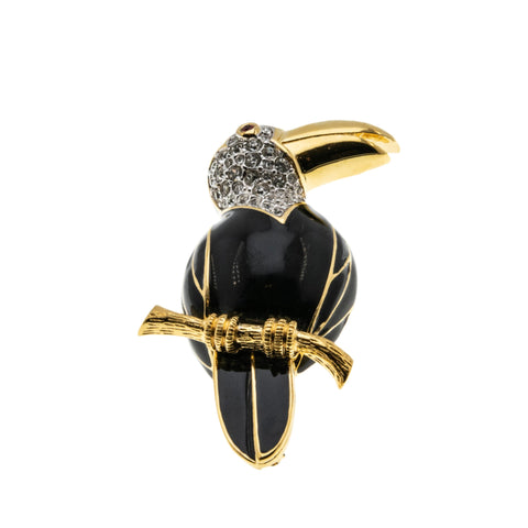 Hanging Around - Vintage Signed 'D'Orlan' Gold Plated Crystal Rhinestone & Black Enamel Toucan Bird Brooch (VBR267)