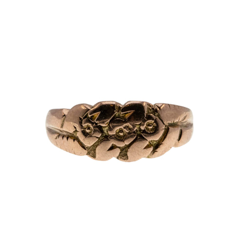 You're A Keeper - Edwardian English 9K Rose Gold Carved 'Forget Me Knot' Carved Floral Foliate 'Keeper' Ring (EDR075)