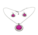 Hot Girl In The City - Vintage Silver Tone Simulated Hot Pink Gemstone Pendant & Earring Set (VP237)
