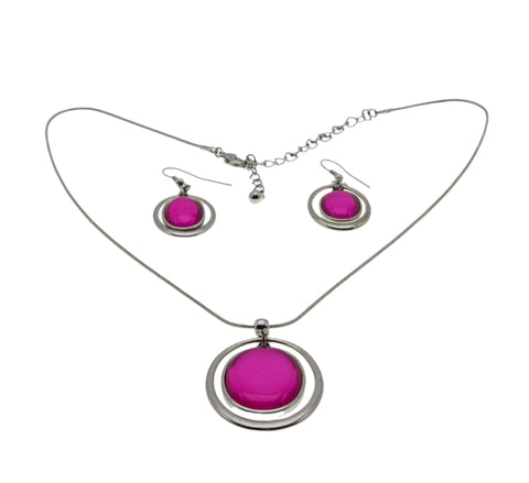 Hot Girl In The City - Vintage Silver Tone Simulated Hot Pink Gemstone Pendant & Earring Set (VP237)