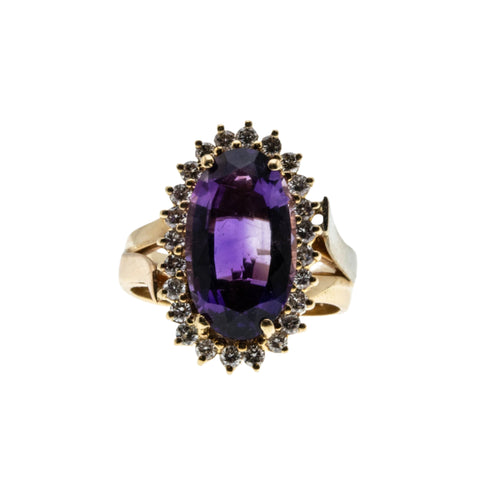 Amethyst Royale - Vintage Bespoke 14K Gold Natural Amethyst & Diamond Cluster Ring (VR979)
