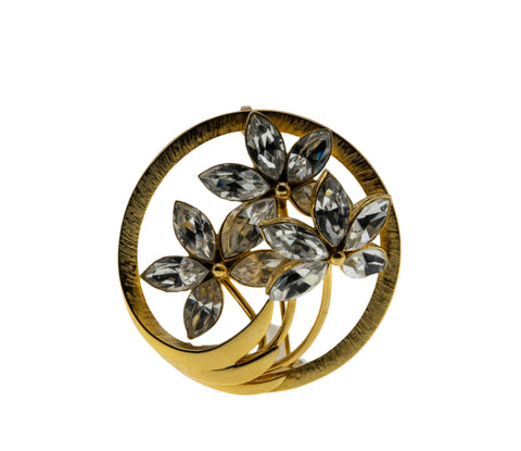 Icy Blossoms - Vintage Gold Plated Crystal Rhinestone Flower Brooch (VBR268)