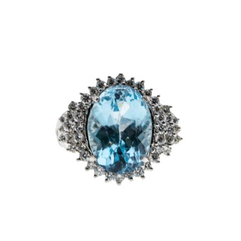 Ocean View - Vintage 18K White Gold Natural Sky Blue Topaz & Diamond Ring (VR990)