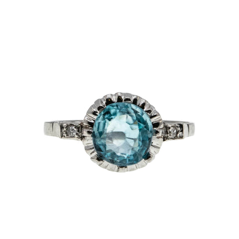 1920s Heirloom - Art Deco Platinum Natural Blue Zircon & Diamond Ring (ADR271)